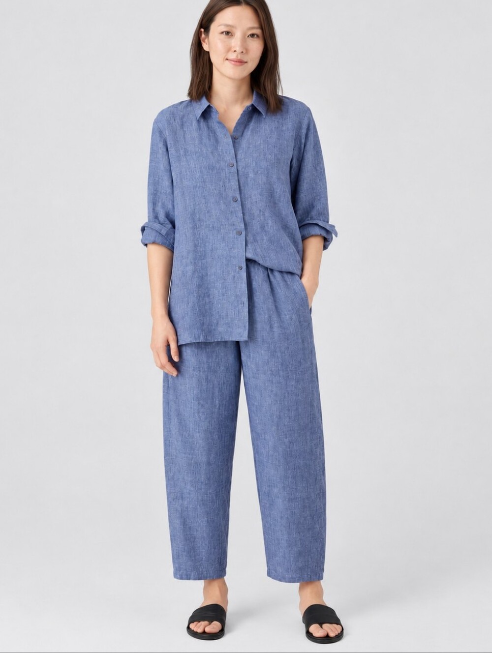 EILEEN FISHER Linen Lantern Pants Ankle Délavé Chambray Blue Wide Large